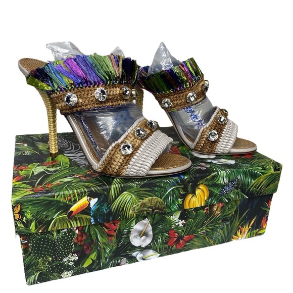 DOLCE & GABBANA‎ Keira Raffia Fringe & Crystal Embellished Sandal In Multi IT40 - Picture 2 of 9